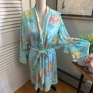 Chaps Robe Womens XXL Blue Floral Belted Short Feminine Lounge Sleep